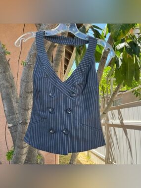 NWT Deadstock Vintage Y2K Guess Jeans Pinstripe Halter Vest in Deep Marine/White